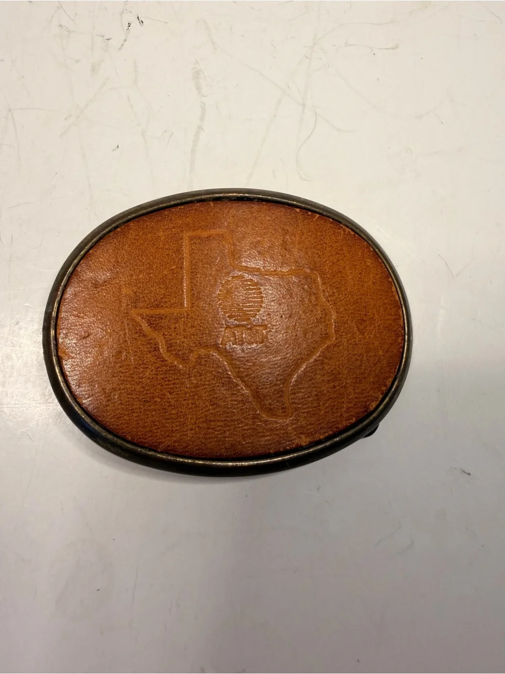 Vintage El Cid AT&T Texas Leather Embossed Brass Belt Buckle